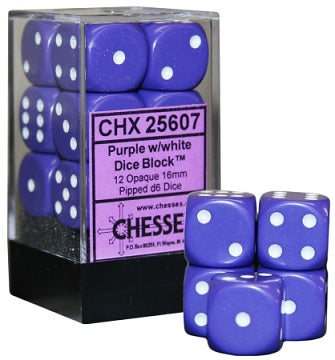 Chessex 16mm D6 Dice - Opaque Purple/White (12 Count)