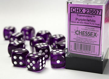 Chessex 16mm D6 Dice - Translucent Purple/White (12 Count)