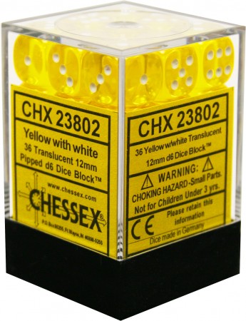 Chessex 12mm D6 Dice - Translucent Yellow/White (36 Count)