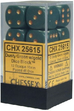 Chessex 16mm D6 Dice - Opaque Dusty Green/Copper (12 Count)