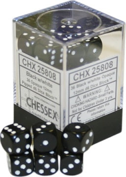 Chessex 16mm D6 Dice - Opaque Black/White (36 Count)