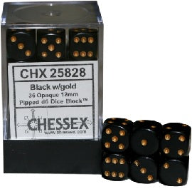 Chessex 16mm D6 Dice - Opaque Black/Gold (36 Count)