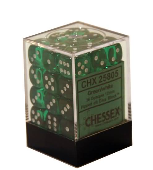 Chessex 12mm D6 Dice - Translucent Green/White (36 Count)