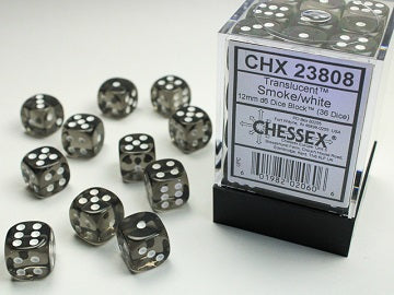 Chessex 12mm D6 Dice - Translucent Smoke/White (36 Count)