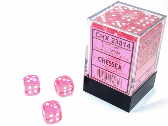 Chessex 12mm D6 Dice - Translucent Pink/White (36 Count)