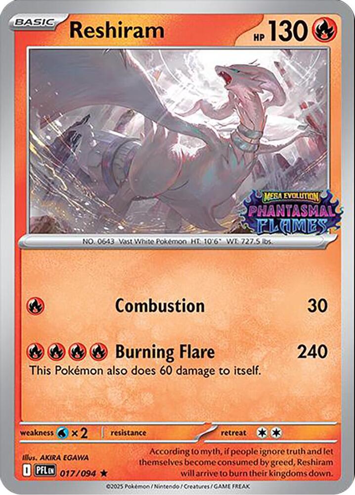 Reshiram - 017/094 Phantasmal Flames Stamped Promo Pokemon - NM/MINT