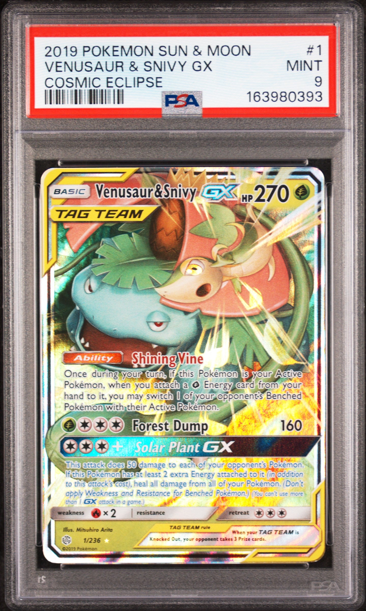 Venusaur & Snivy GX - 1/236 PSA 9 Cosmic Eclipse Ultra Rare Pokemon - MINT