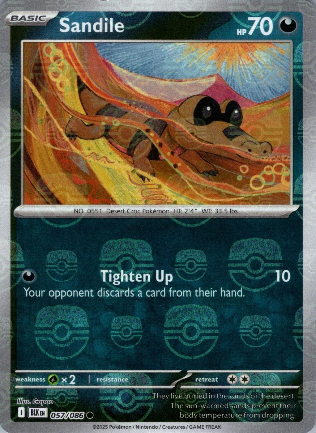 Sandile - 057/086 Black Bolt Master Ball Holo Pokemon - NM/MINT
