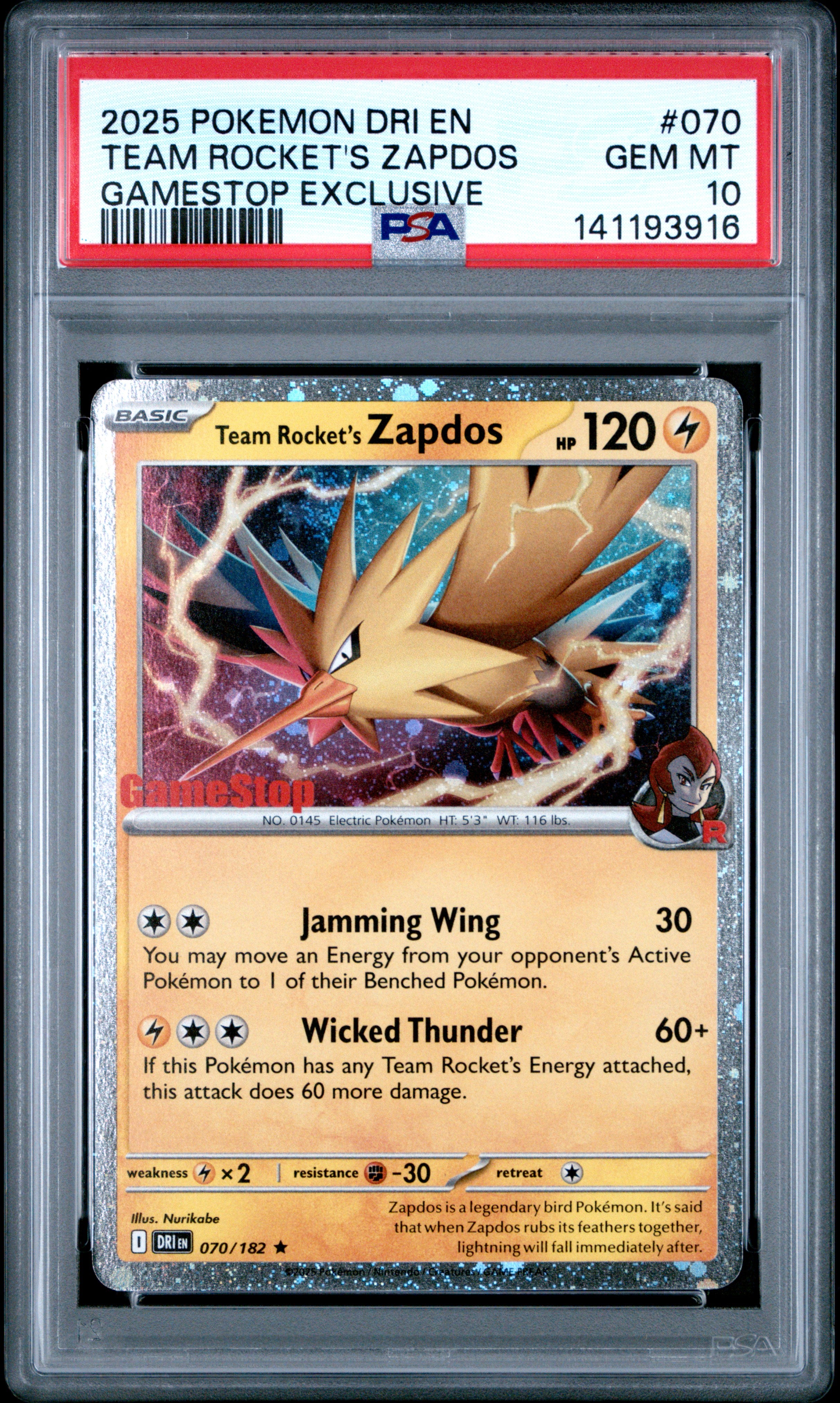 Team Rocket's Zapdos - 070/182 PSA 10 Destined Rivals Gamestop Promo Pokemon - GEM MINT