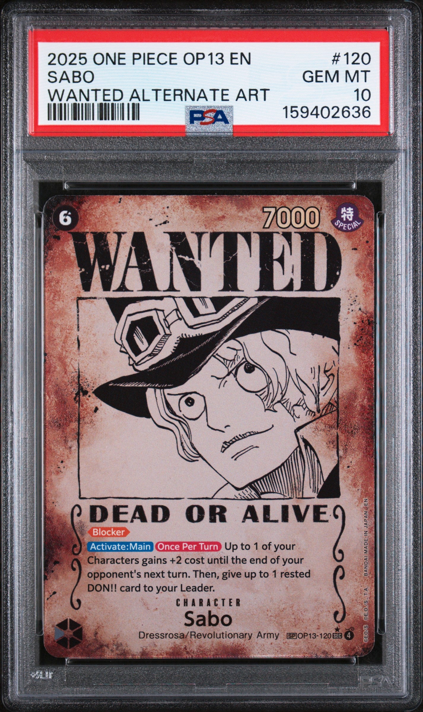 Sabo Wanted Poster - OP13-120 PSA 10 Carrying On His Will SEC One Piece - GEM MINT
