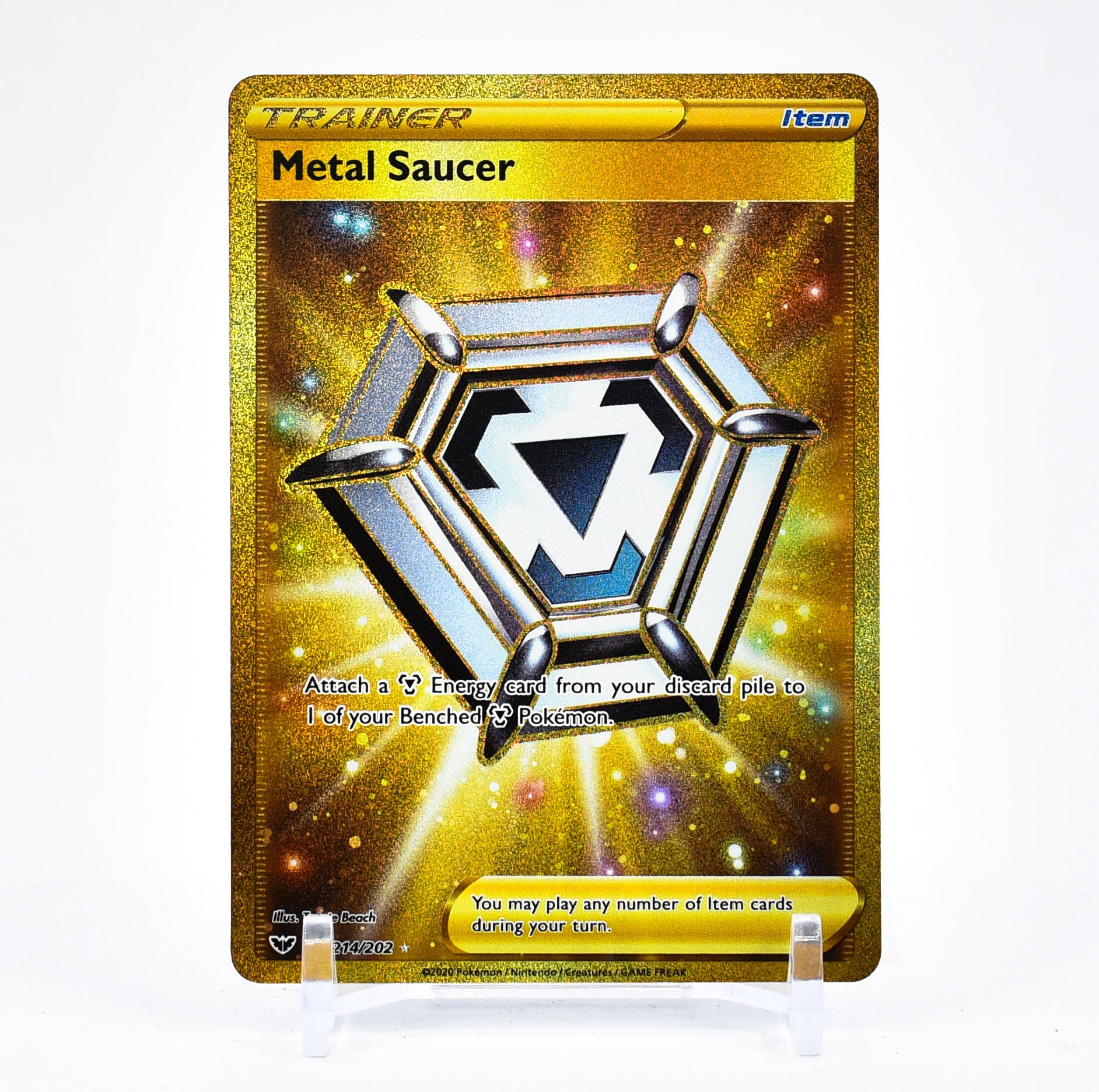 Metal Saucer - 214/202 Sword & Shield SECRET RARE GOLD Trainer - NM/MINT